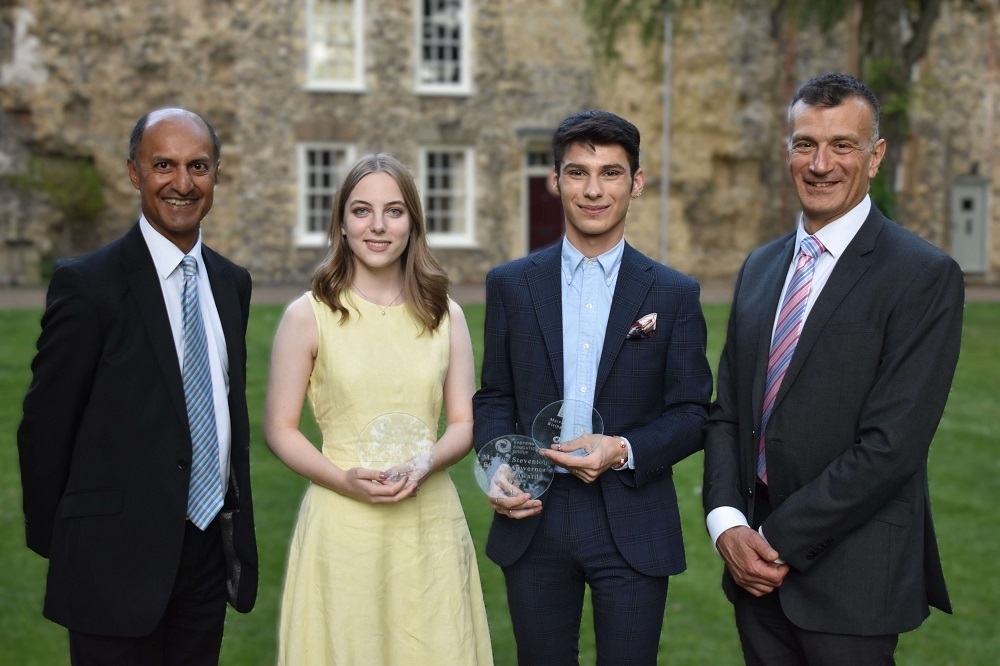 Marcus Steventon and Stella Godden with Chair of Governors, Elton D'Souza (left) and Dr Nikos Savvas, CEO of Eastern Education Group (right).